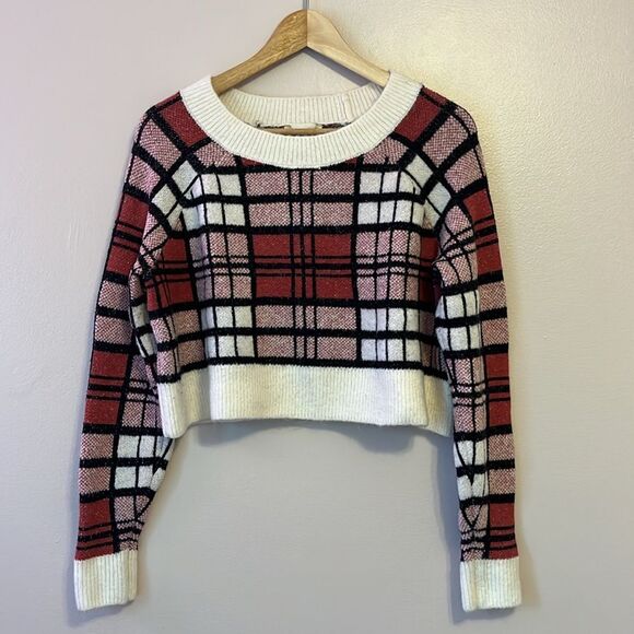 Altar’d State Women's Cropped Pullover Sweater Crewneck Red Plaid Sz Large - Picture 1 of 9
